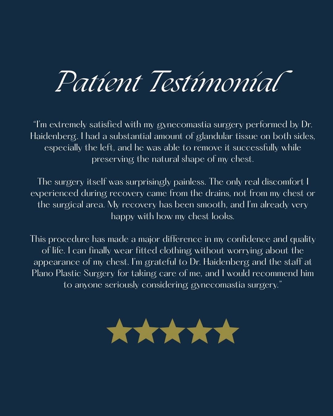 Instagram post by Dr. Natan Yaker: Confidence, restored. 💙 One of our gynecomastia patients shares his experience with Dr. Haidenberg — from preserving natural chest shape to…