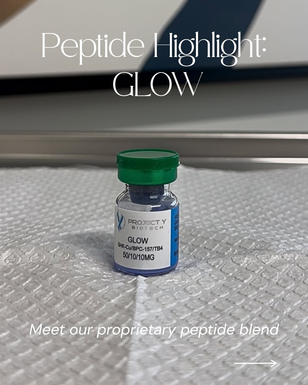 Instagram post by Dr. Nathan Kludt: PEPTIDE SPOTLIGHT: GLOW ✨ GLOW is our proprietary peptide blend combining GHK-Cu, BPC-157, and TB-500 into one protocol designed around skin…