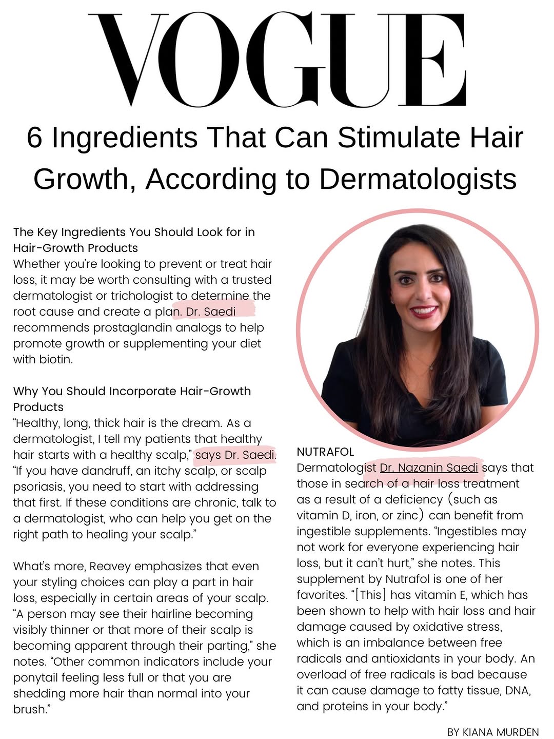 Instagram post by Dr. Nazanin Saedi: Hair-growth products are everywhere… but which ingredients actually have evidence behind them? 👀 A few ingredients worth knowing: ✨ Minoxid…