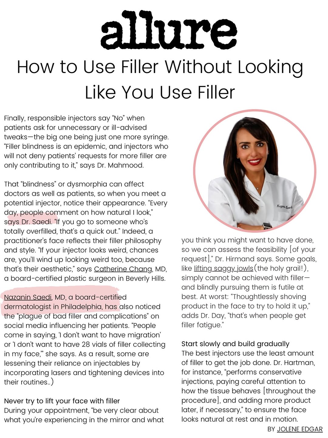 Instagram post by Dr. Nazanin Saedi: The best filler shouldn’t make you look “filled.” It should make you look like a refreshed version of you. A few rules I follow for natural-…
