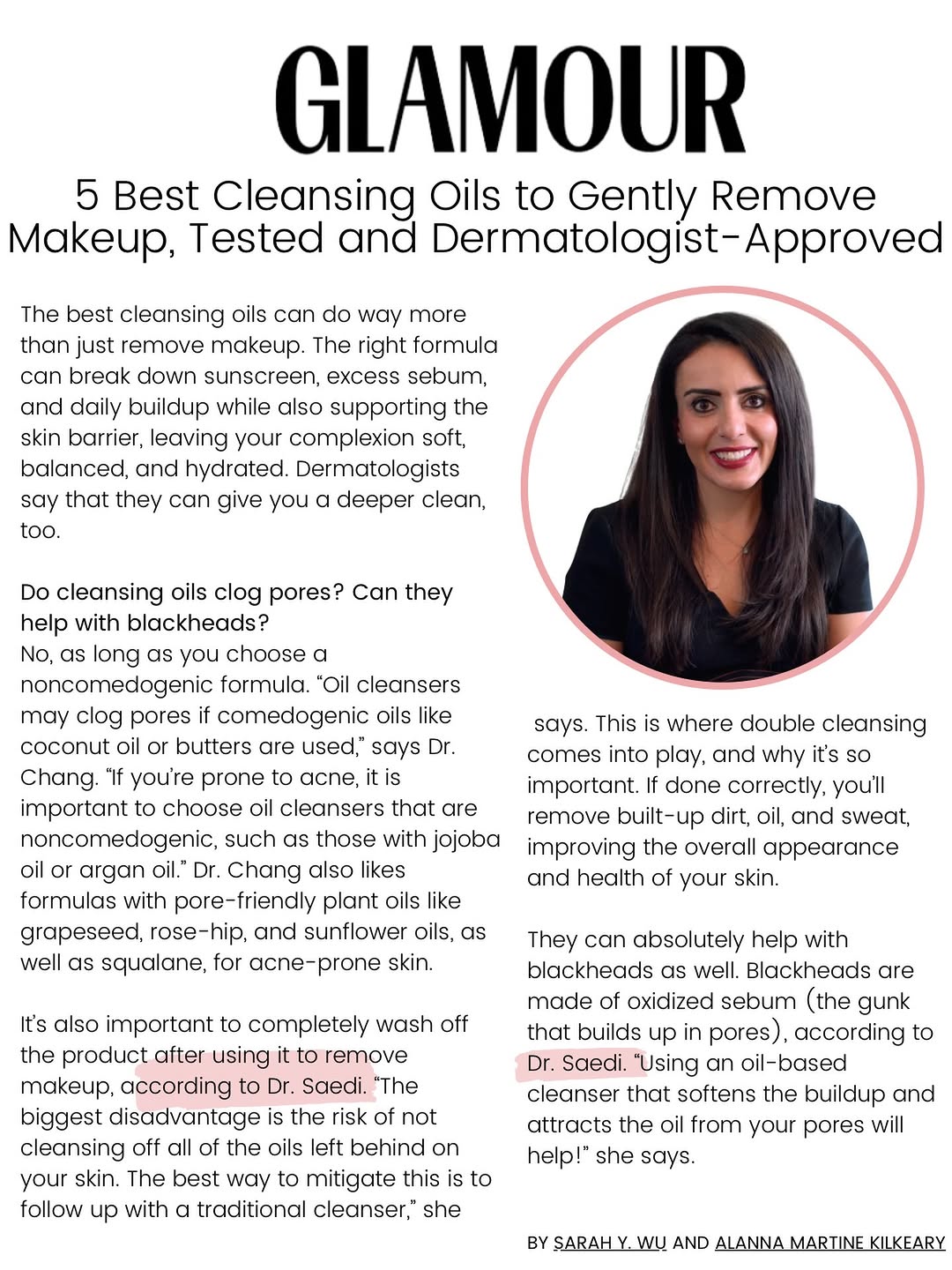 Instagram post by Dr. Nazanin Saedi: Cleansing oils help dissolve makeup, sunscreen, excess sebum and buildup without necessarily stripping the skin. And yes, they can even help…
