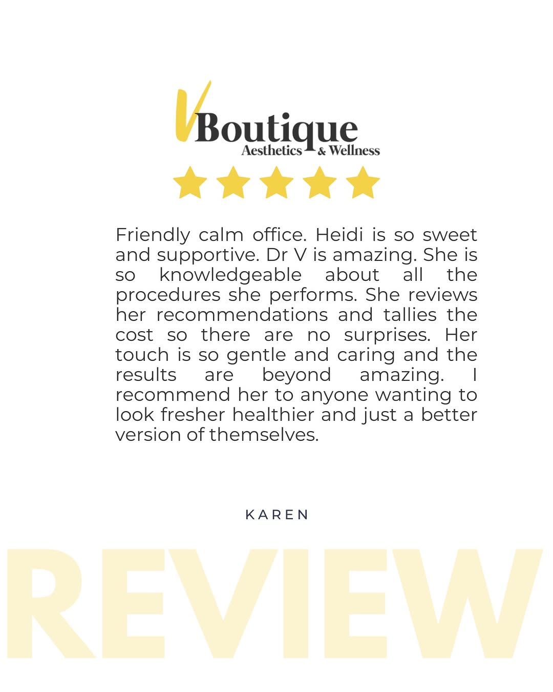 Instagram post by Dr. Neda Vanden Bosch: We’re so grateful for your trust in Dr. V and our team. 💛 Creating an experience where patients feel confident in their care is at the hear…