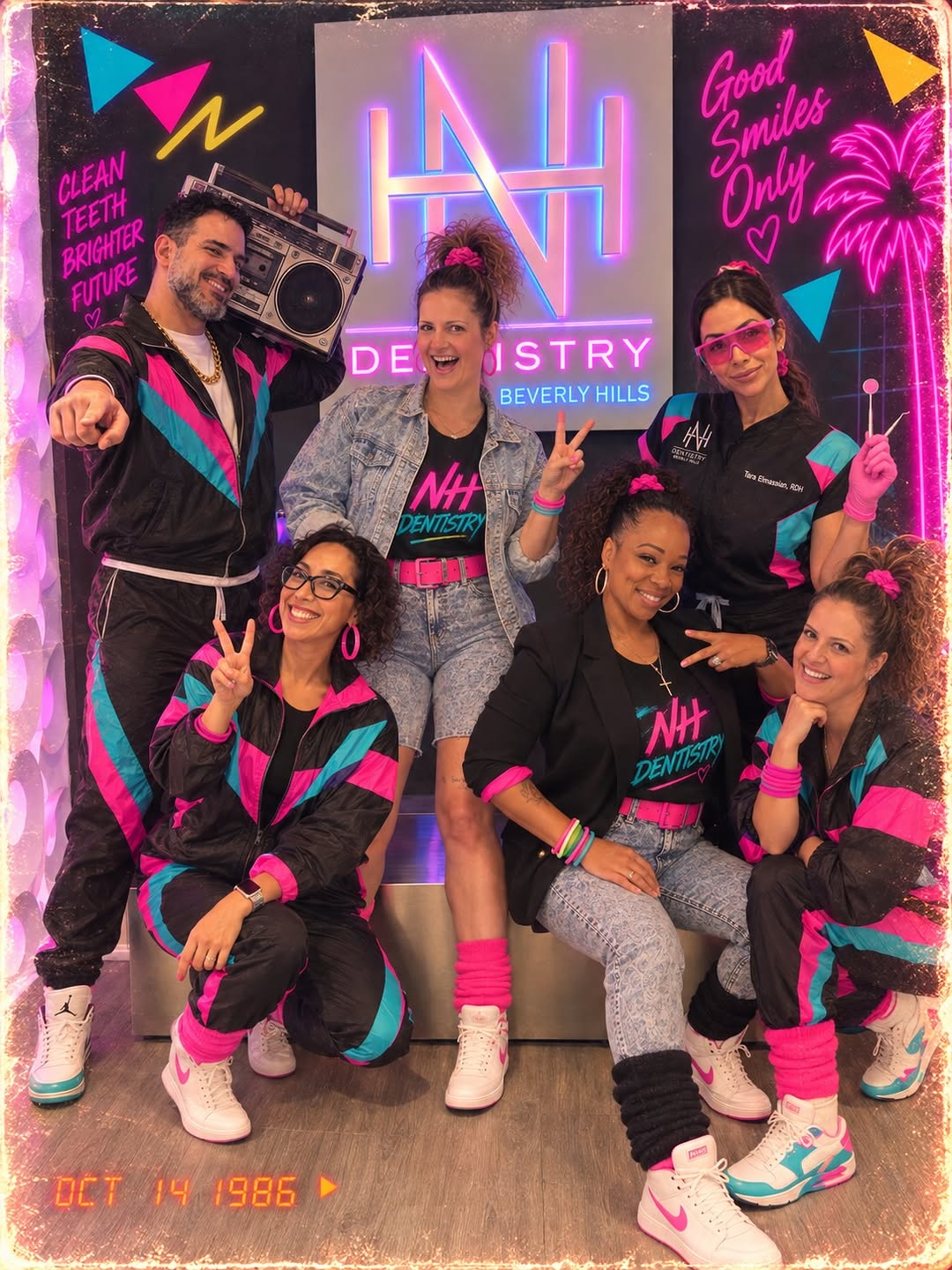 Instagram post by Dr. Neil Hadaegh: Flossin’ Since the 80s (Btw - Why do I have a mullet looking like a Miami Kingpin in the last photo? 😂) #80sTrend