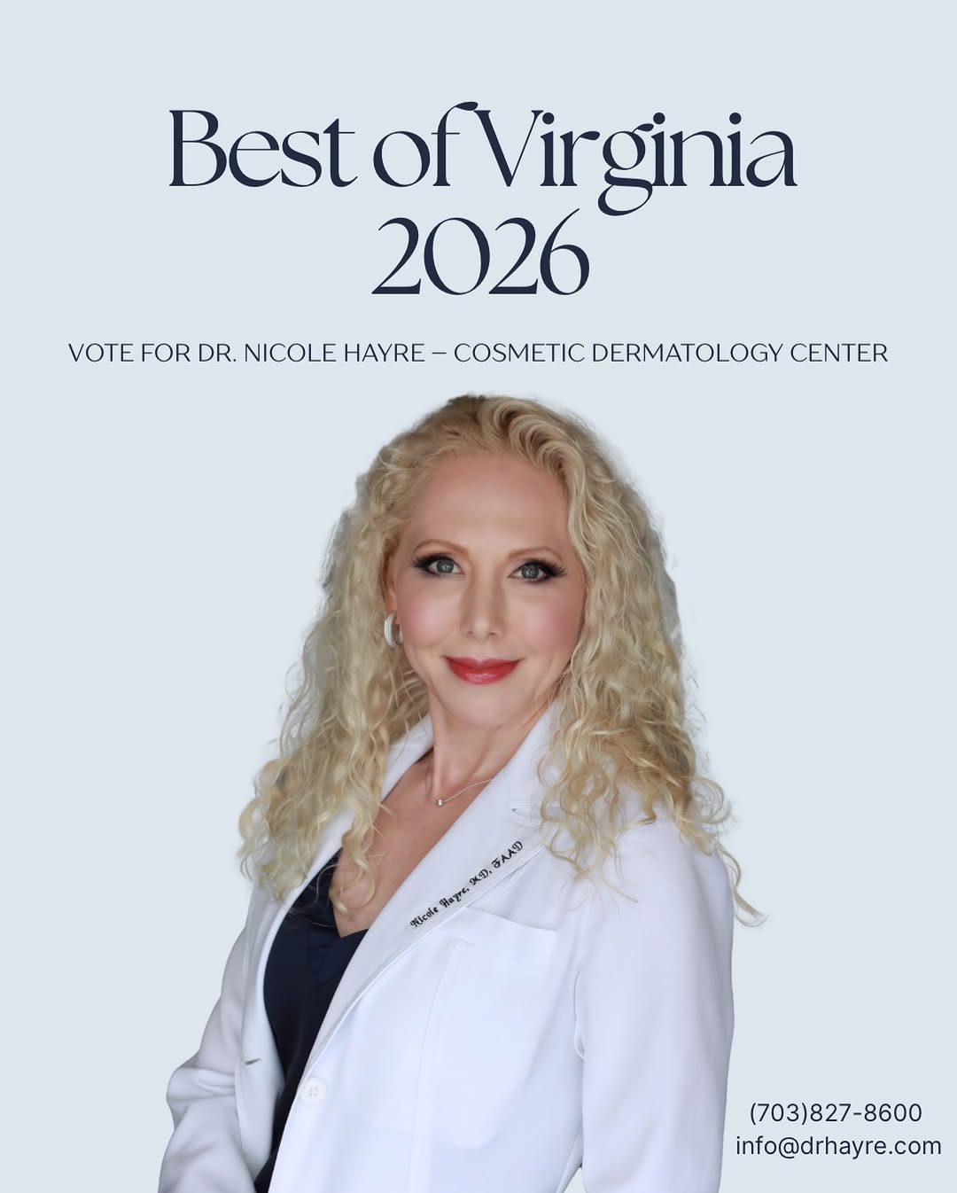 Instagram post by Dr. Nicole Hayre: ✨ Best of Virginia 2026 voting is OPEN! ✨ Help us bring the win home 🏆 and vote for Dr. Nicole Hayre – Cosmetic Dermatology Center 💉💖 👉 …