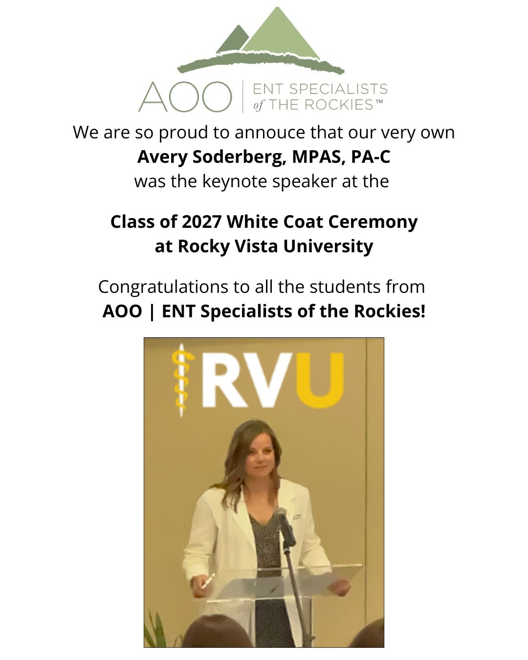 Instagram post by Dr. Nicolette Picerno: We are incredibly proud to celebrate our very own Avery Soderberg, MPAS, PA-C, who was honored as the Keynote Speaker for the Rocky Vista Un…