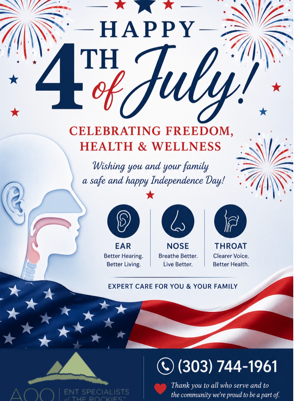 Instagram post by Dr. Nicolette Picerno: Happy 4th of July from your friends at AOO|ENT Specialists of the Rockies! We will be closed on Friday, July 3 and resume normal hours Monda…