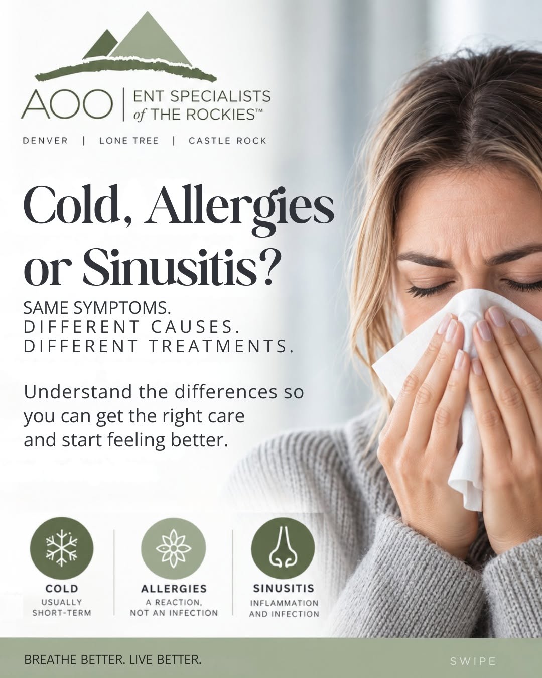 Instagram post by Dr. Nicolette Picerno: Cold, allergies or sinusitis? We break down the symptoms patients often confuse and explain when persistent symptoms need an ENT evaluation.…
