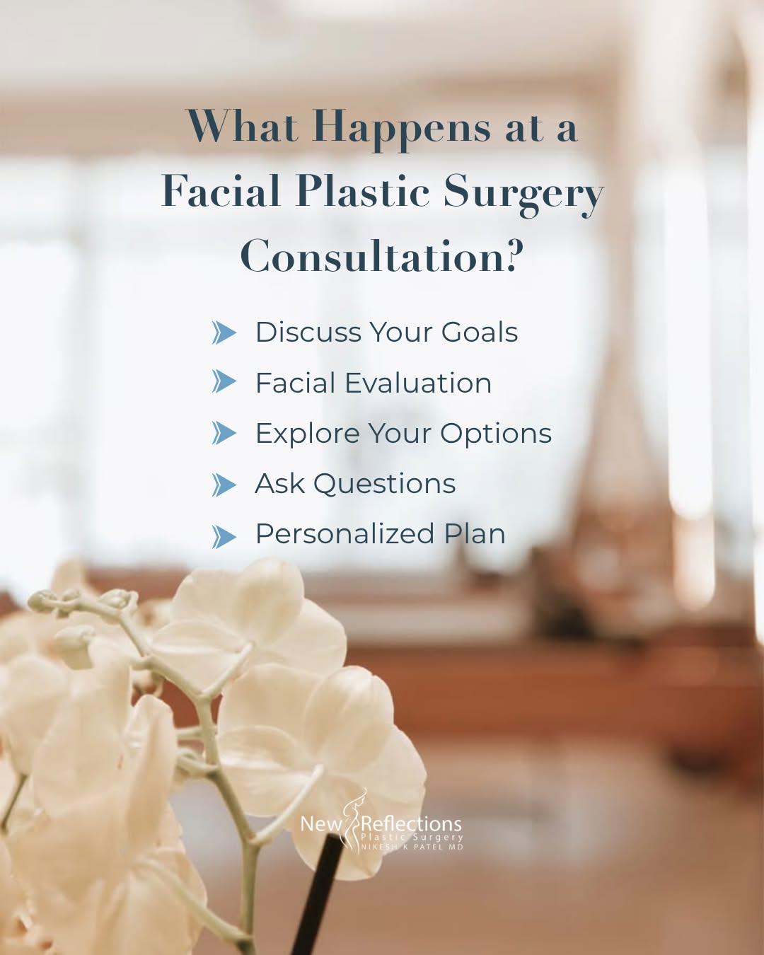 Instagram post by Dr. Nikesh K. Patel: Thinking about facial plastic surgery but not sure what happens at a consultation? Let’s break it down. 👇 Your consultation is your time to…