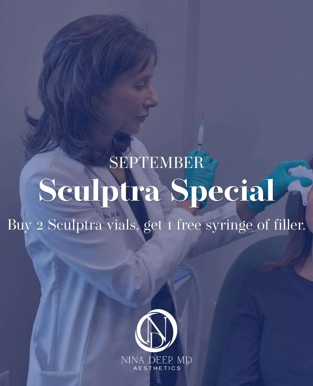 Instagram post by Dr. Nina Deep: Get a little extra with your next refresh. 🌟 Purchase two vials of Sculptra by September 30 and receive a free syringe of filler. Not…