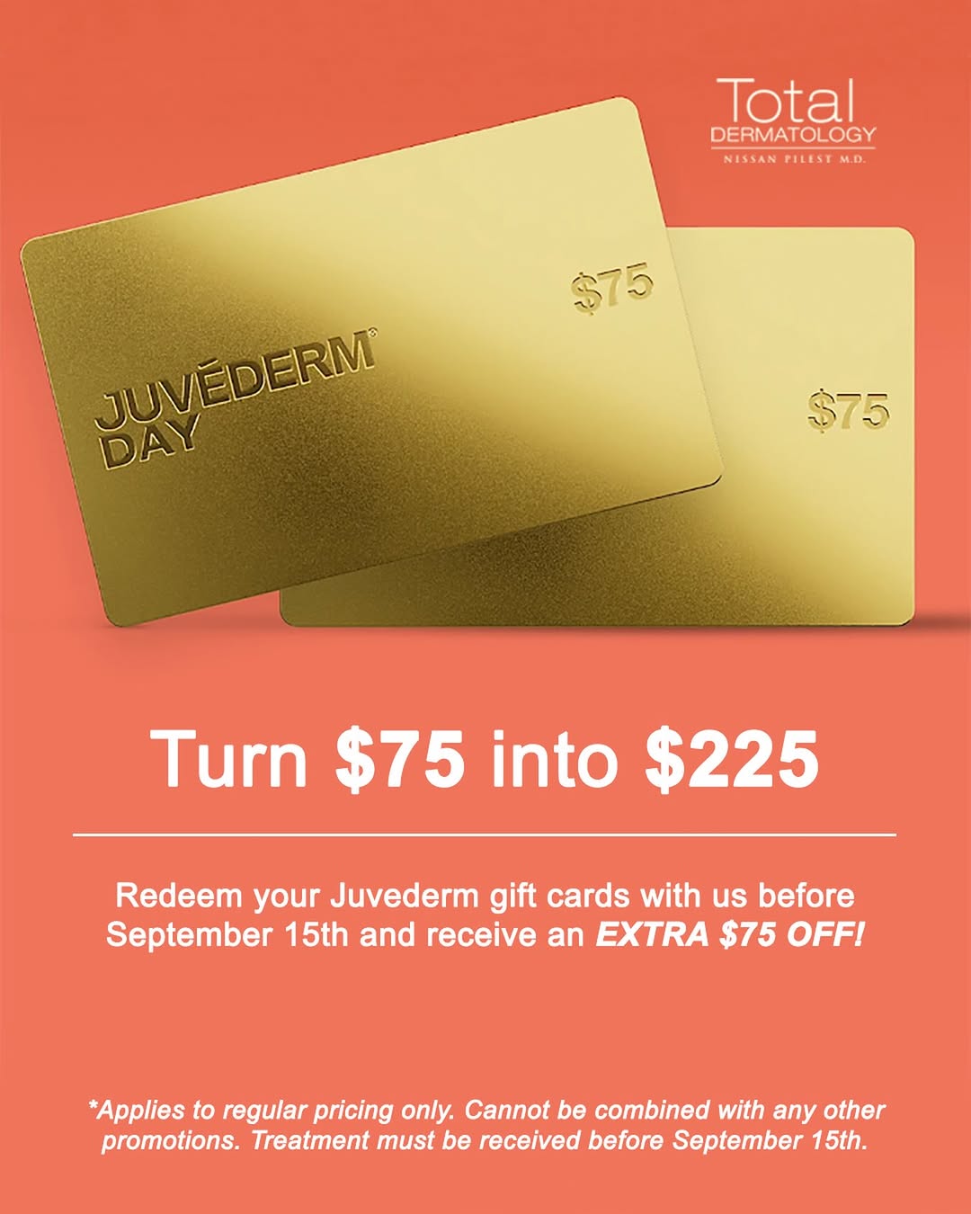 Instagram post by Dr. Nissan Pilest: ✨ Juvedérm Day is LIVE! ✨ Click the link in our bio to buy one $75 gift card + get one free while supplies last! 🎁 Redeem your gift cards w…