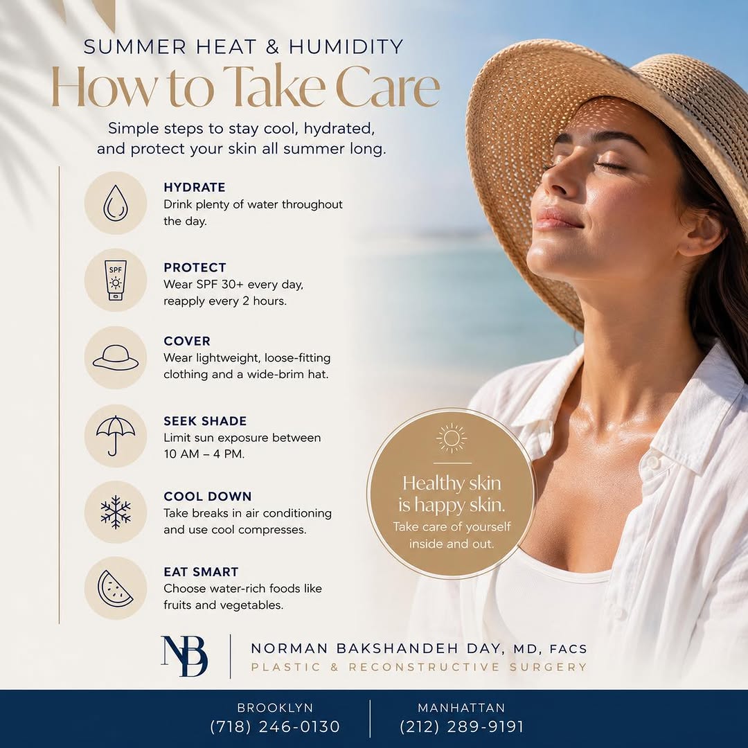 Instagram post by Dr. Norman Bakshandeh Day: Summer heat + humidity can take a toll on your skin. ☀️💧 Stay hydrated, protect your skin with SPF, seek shade, and give your body a chance…