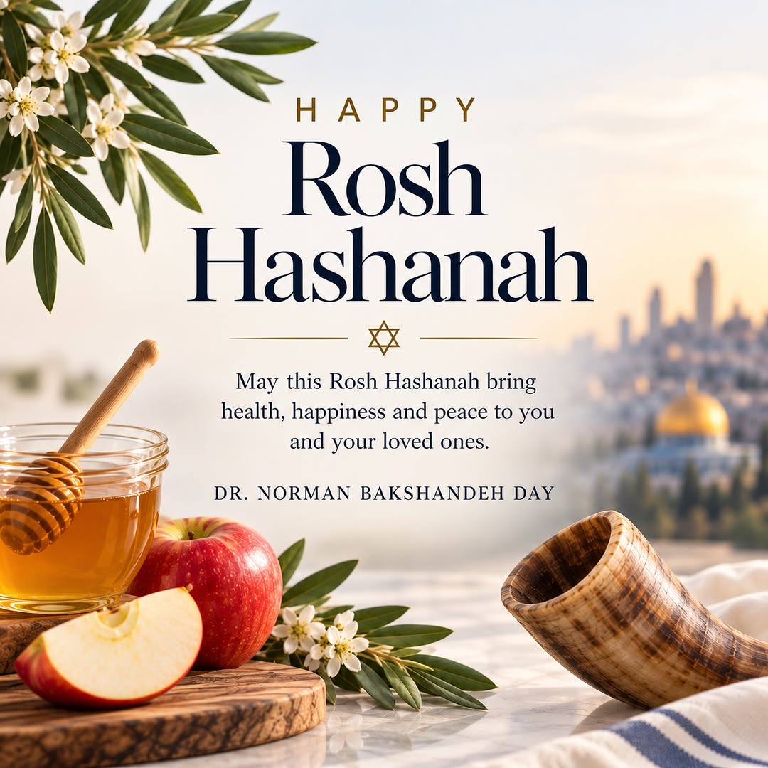 Instagram post by Dr. Norman Bakshandeh Day: Wishing a happy and sweet Rosh Hashanah to all who celebrate! May the New Year bring you and your loved ones health, happiness, peace, and n…