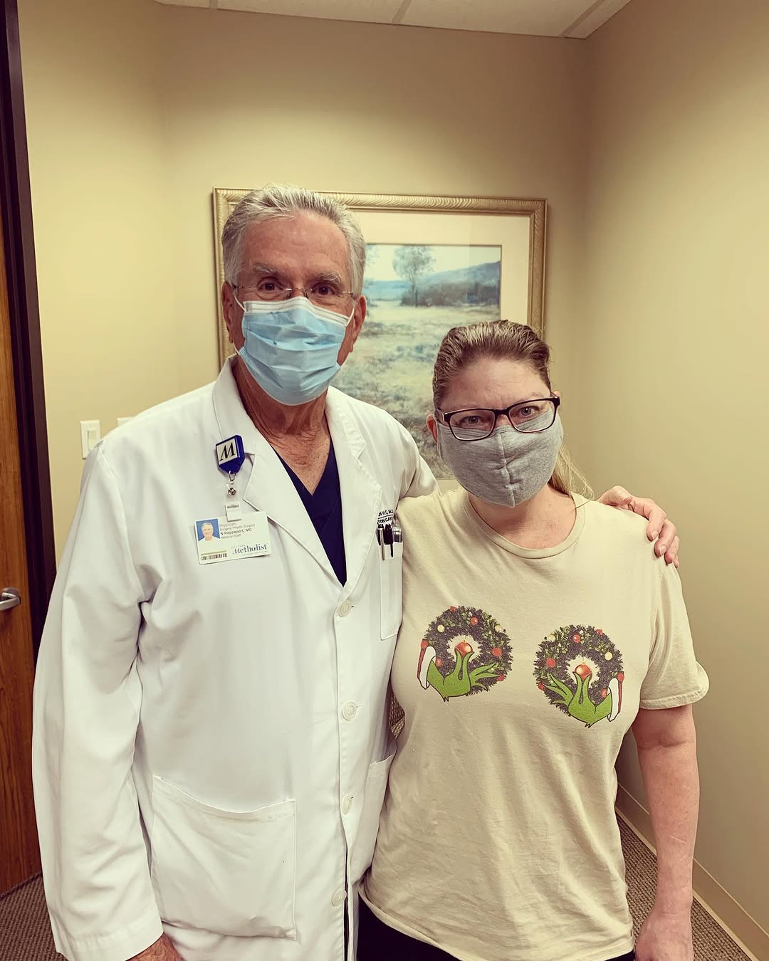 Instagram post by Dr. Norman H. Rappaport: Don’t you love it when your breast reconstruction patients show their holiday spirit? 🤣🤣🤣 But seriously, wishing all of you a holiday sea…