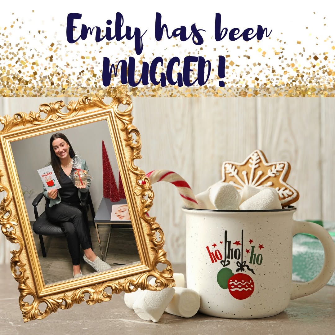 Instagram post by Dr. Normand Miller: We had a "MUGGING" in the office!! Emily was mugged by a friendly Elf! 🎄🎁 Who will be next? #youhavebeenmugged #holidayfun