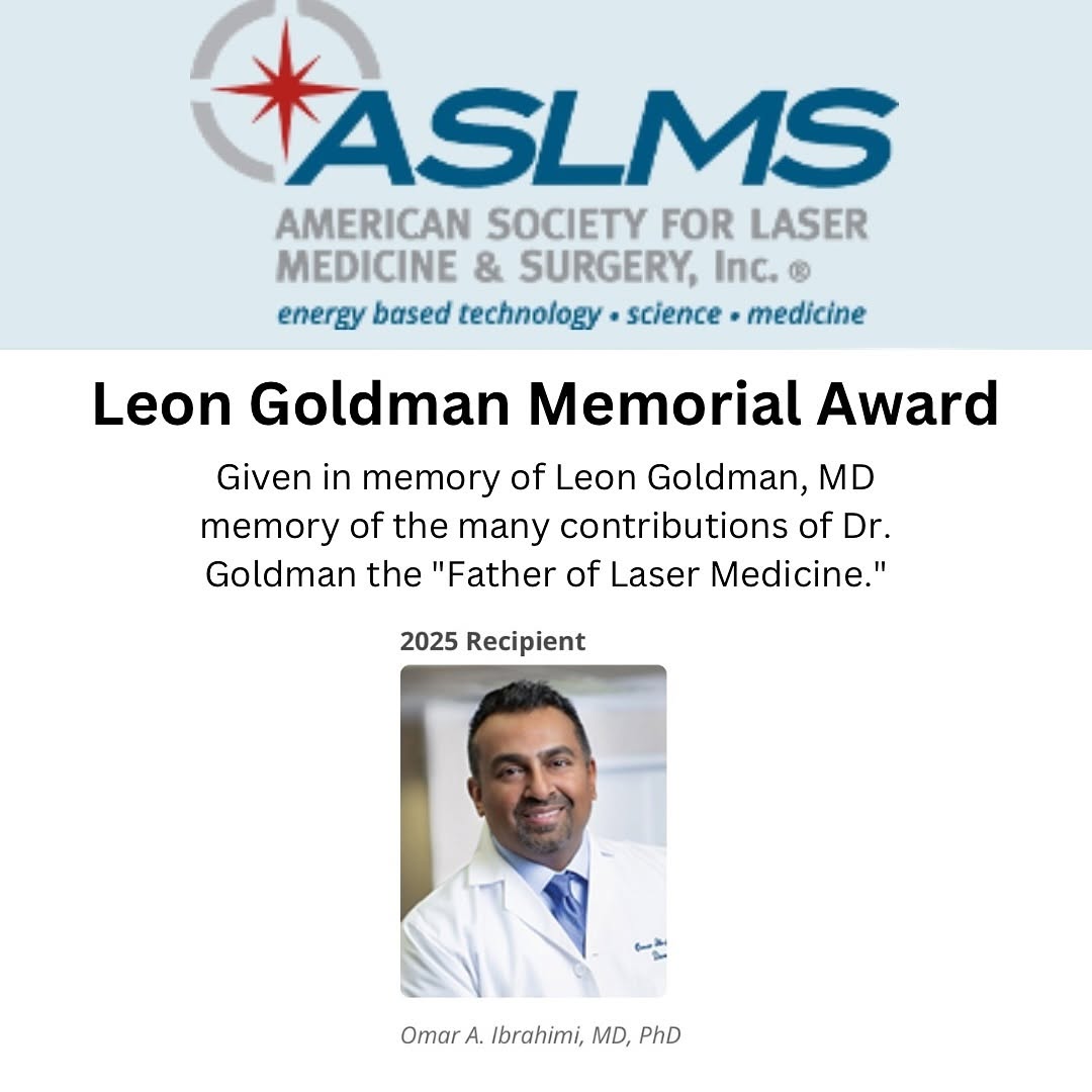 Instagram post by Dr. Omar Ibrahimi: I am deeply humbled and truly honored to receive the prestigious Leon Goldman Memorial Award from the American Society for Laser Medicine an…