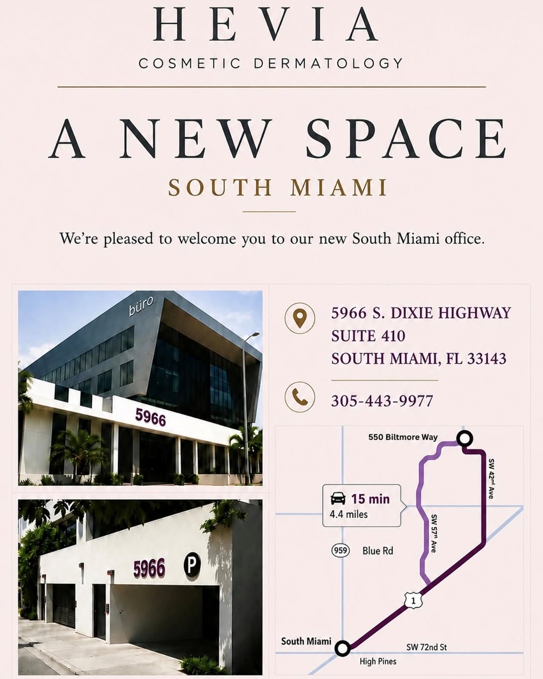 Instagram post by Dr. Oscar Hevia: Hevia Cosmetic Dermatology has officially moved to our new location! We look forward to welcoming you soon! #southmiami