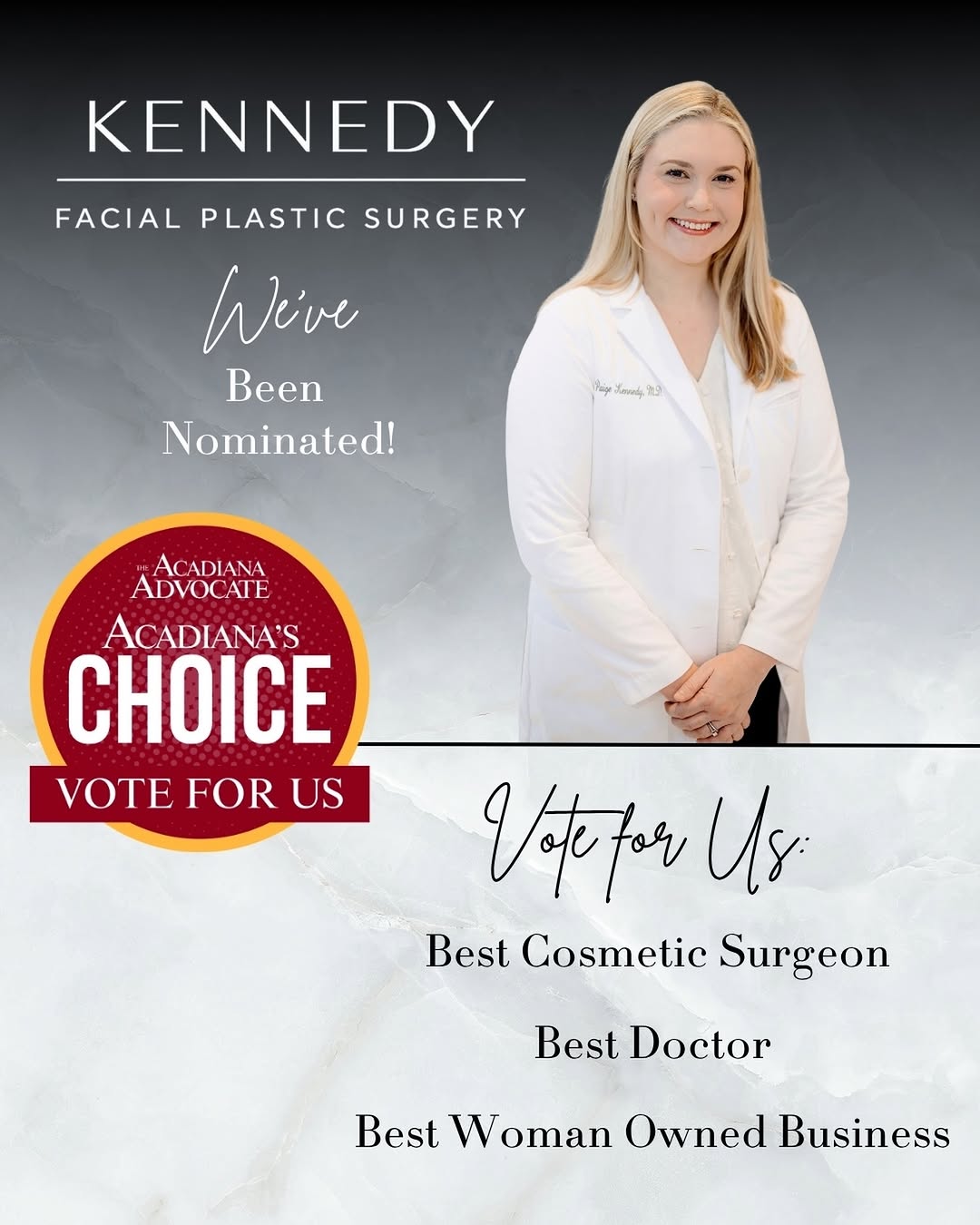 Instagram post by Dr. Paige Kennedy: We’re beyond thrilled to announce that we have been nominated for Acadiana’s Choice 2026! 🎉 We are nominated in the following categories: b…