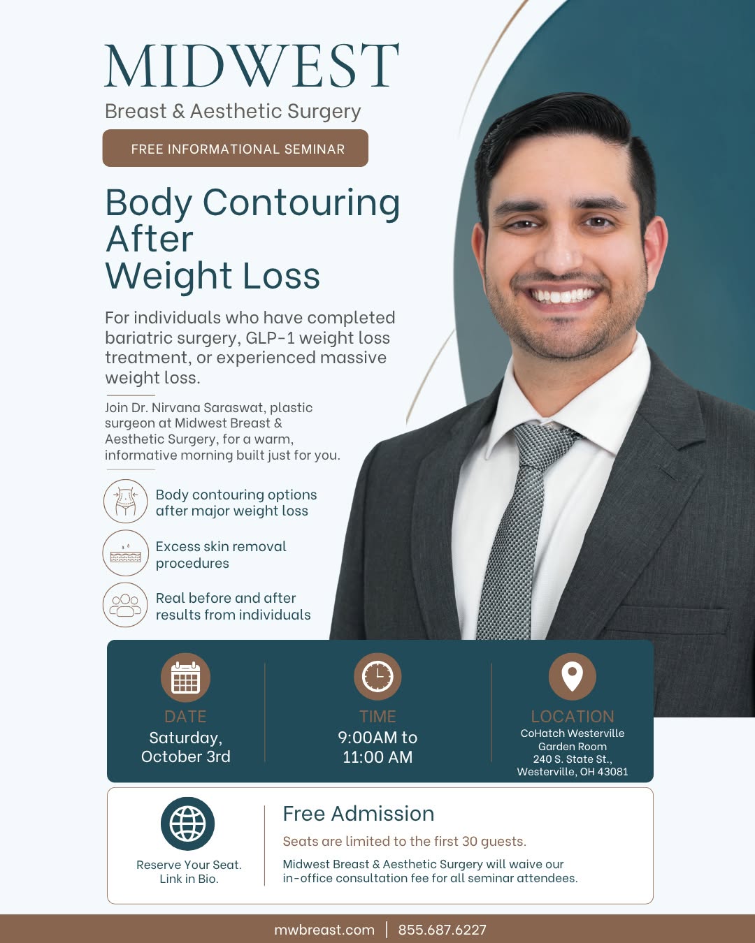 Instagram post by Dr. Pankaj Tiwari: Big news! 📣We're hosting a free informational seminar on Body Contouring After Weight Loss, led by our very own Dr. Nirvana Saraswat. If…