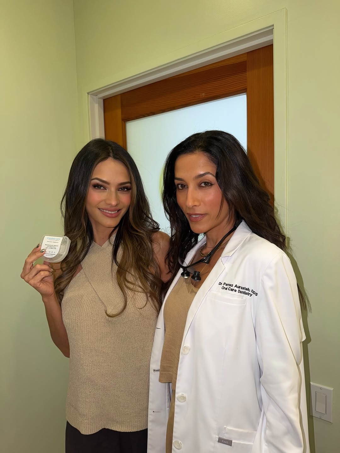 Instagram post by Dr. Parnaz Aurasteh: Grinding is great… when it’s ambition, not your enamel. Thanks beautiful Dr Parnaz @oralcaredentistry for guarding my smile while I sleep 😌…