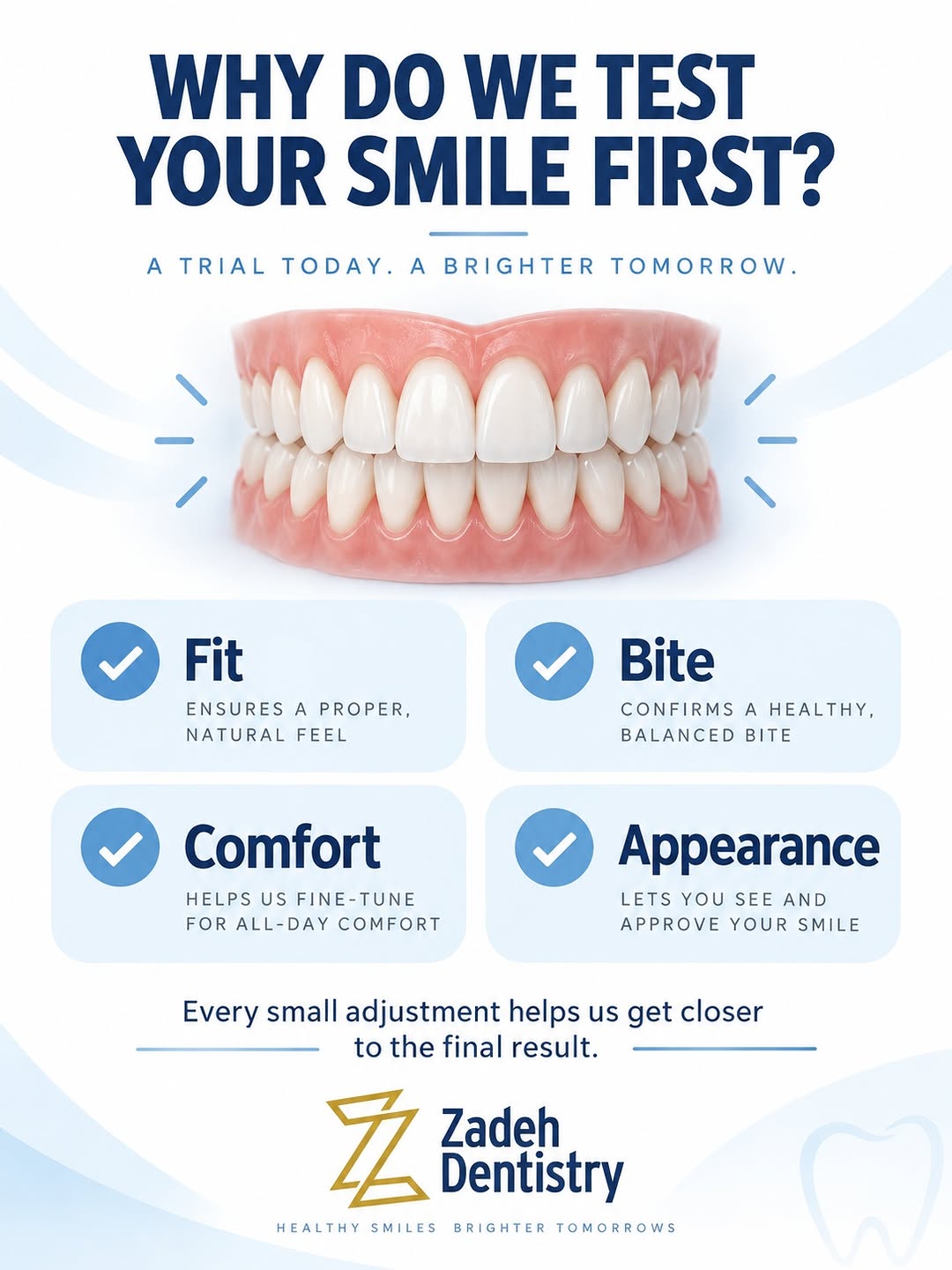 Instagram post by Dr. Parsa T. Zadeh: Before final teeth are completed, we want to make sure the details are right. During fittings, Dr. Zadeh checks the fit, bite, comfort, and …