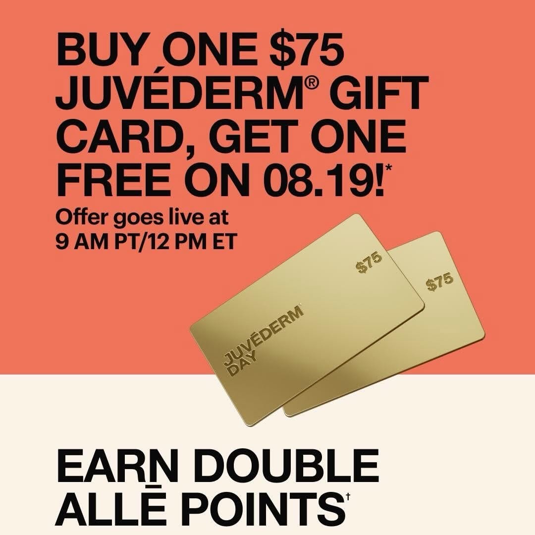 Instagram post by Dr. Patricia A. McGuire: 🌟Attention🌟 On August 19th, Alle is offering a great deal - Buy one Juvéderm gift card, get one 🎉FREE🎉 This offer starts at 9 AM on 8/19…