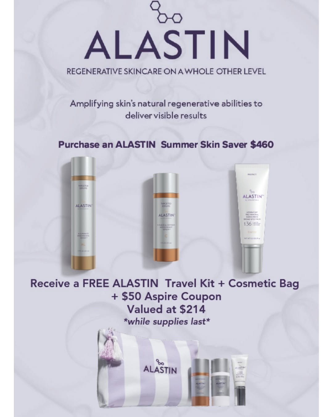 Instagram post by Dr. Patricia A. McGuire: Give your skin the regenerative care it deserves with our ALASTIN Summer Skin Saver. For $460, receive a curated Alastin skincare collection…