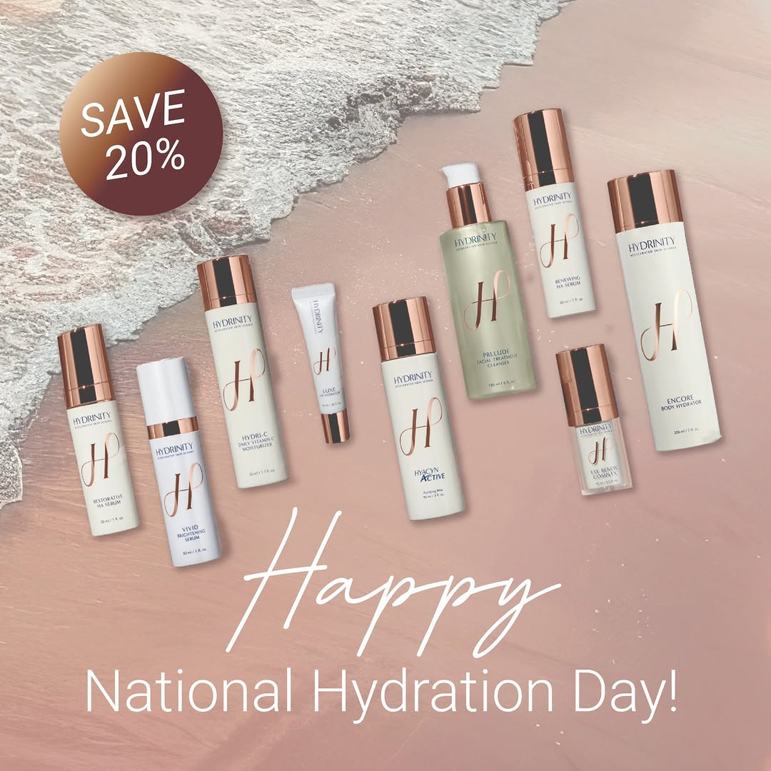 Instagram post by Dr. Patricia Dickerson: Happy National Hydration Day! Celebrate TODAY with 20% savings on our Hydrinity Collection of patented, supercharged dual-weight hyaluronic …