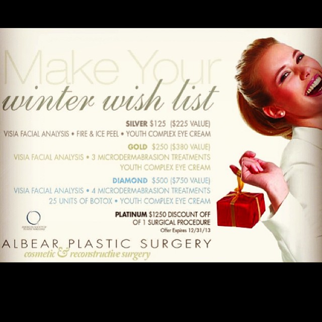 Instagram post by Dr. Paul Albear: Check our our holiday promo at Albear Plastic Surgery! Call today! 813-929-7400 #plasticsurgery #christmasgiftideas #skincare