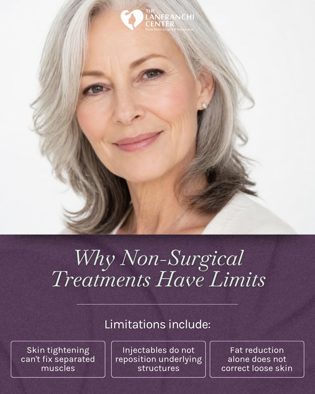Instagram post by Dr. Paul Lanfranchi, DO, FAOCO: Skin tightening and injectables can help with mild neck concerns, but they have limits. ⏳ They can't repair separated muscles, reposition de…