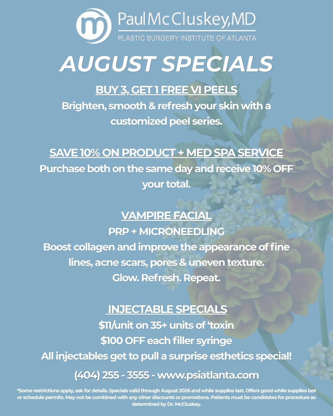 Instagram post by Dr. Paul McCluskey: Rejuvenate your look and start treating your summer sun damage with our August Specials! From VI Peels to Vampire Facials and exclusive Inje…