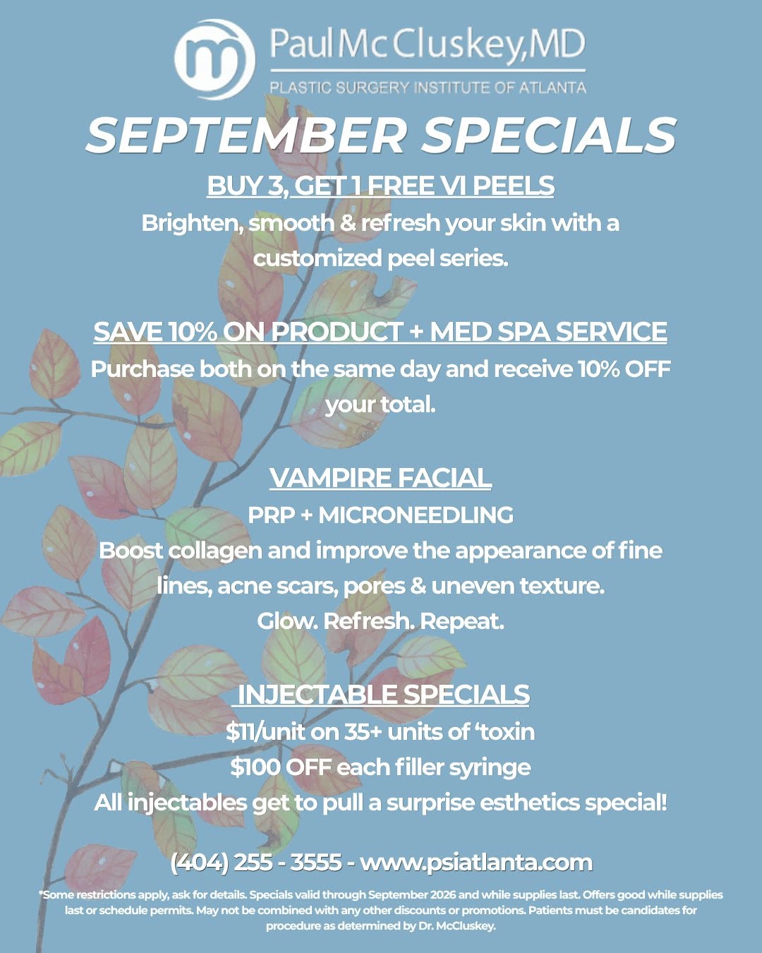 Instagram post by Dr. Paul McCluskey: POV: it's September and your skin is about to be unrecognizable by the holidays 😮💨✨ Call us now to lock in these specials before they're …