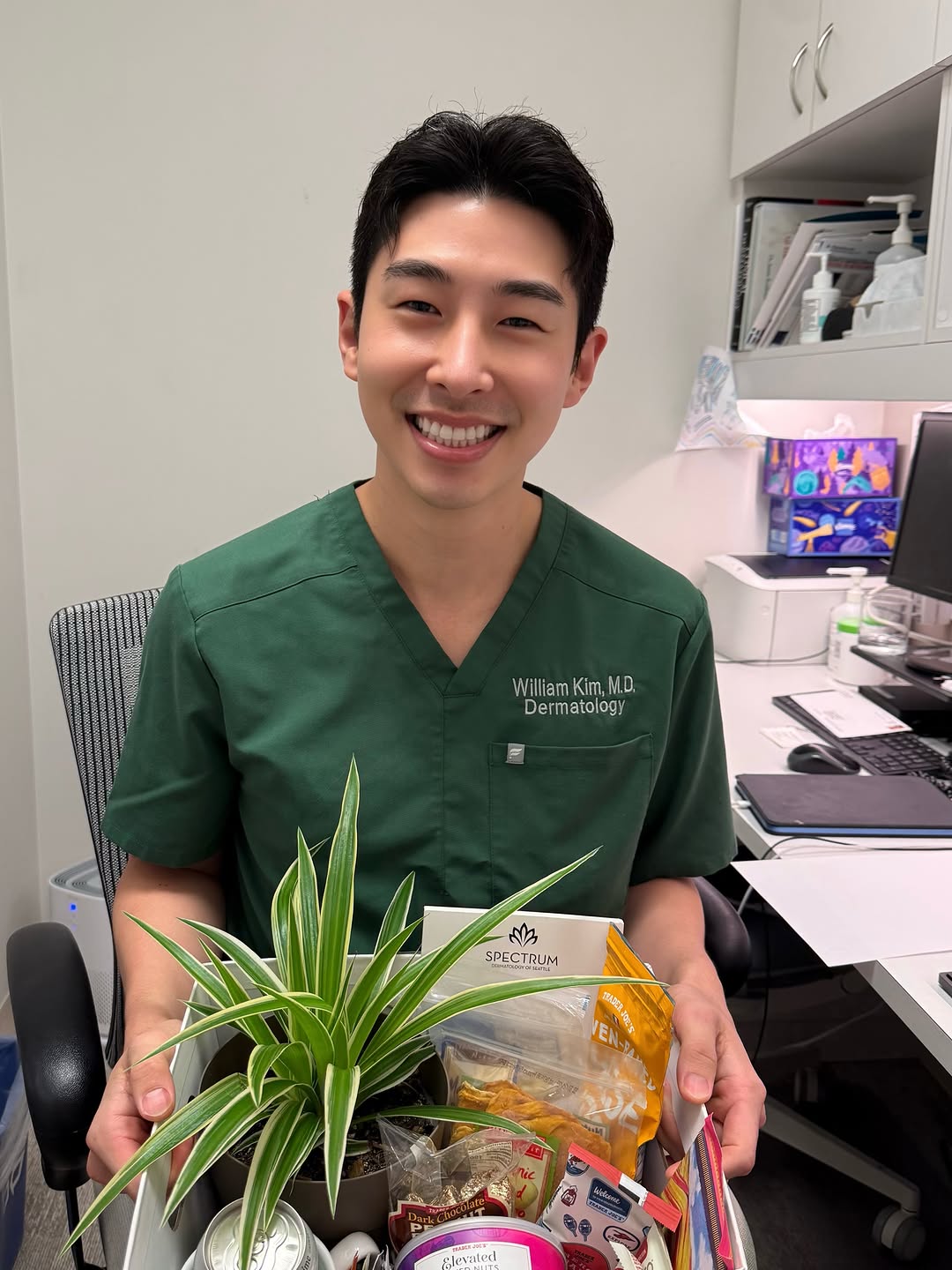Instagram post by Dr. Paula Zook: Welcoming Dr. Kim to Spectrum Dermatology of Seattle. ✅ Welcome gift basket. ✅ First day of clinic in the books. ✅