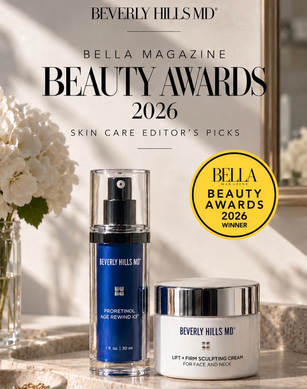 Instagram post by Dr. Payman Danielpour: Congrats @officialbhmd 🏆2026 BELLA Beauty Awards Editor’s Picks: ProRetinol Age Rewind and Lift + Firm Sculpting Cream ✨ Created by plastic…