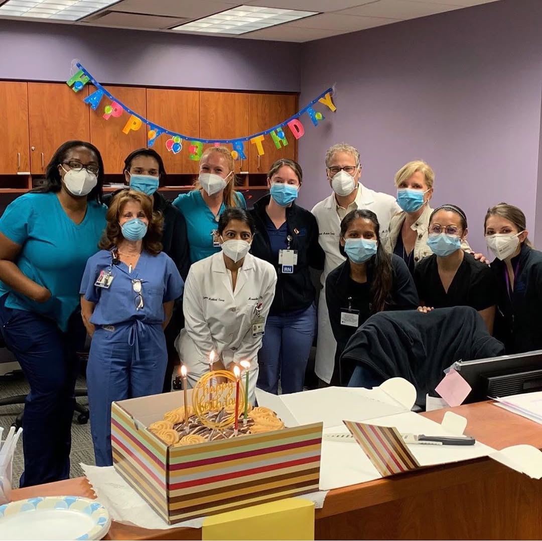 Instagram post by Dr. Peter Hyans: Celebrating our PA Manisha’s birthday COVID-19 style🎉🎂 . . . #plasticsurgery #theplasticsurgerycenter #plasticsurgeon #nj #berkeleyheights…
