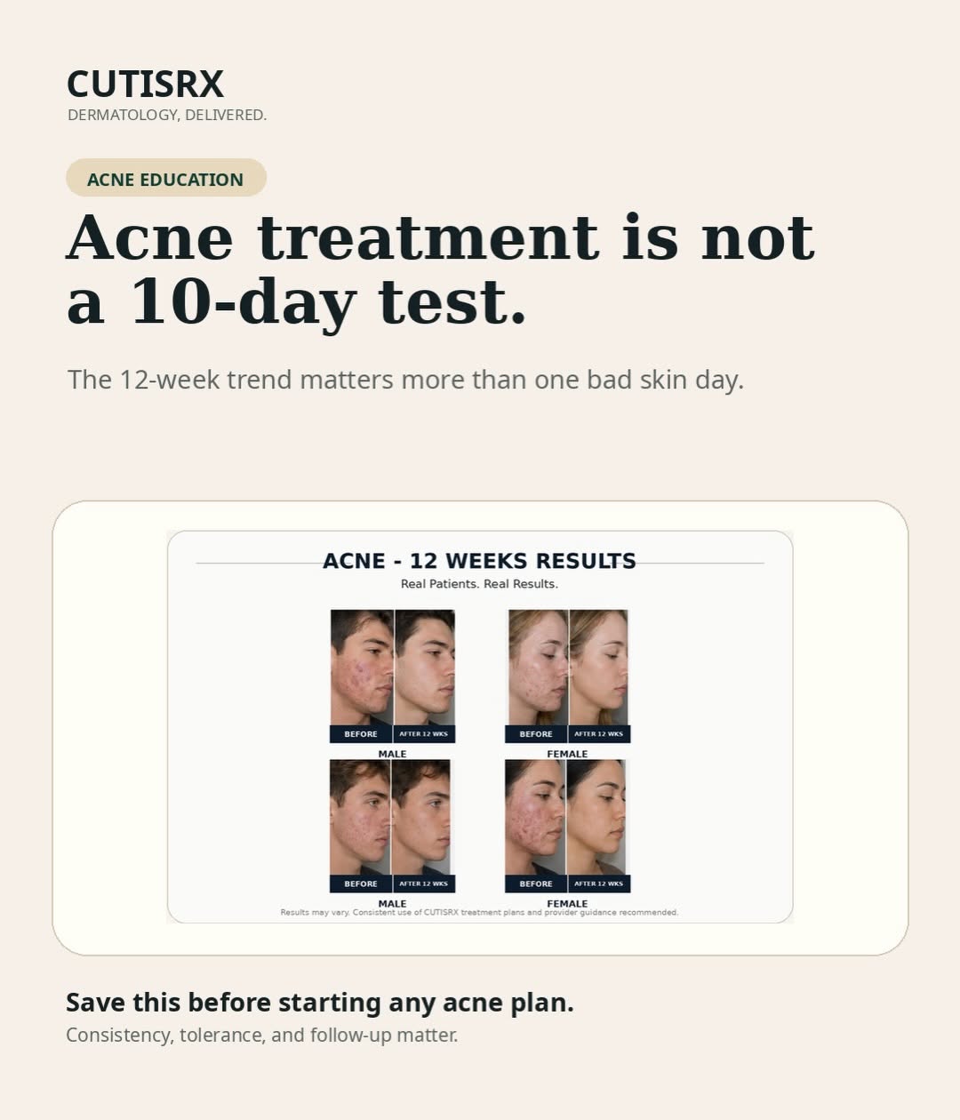 Instagram post by Dr. Peter J. Malouf: Most acne routines are marketed like they should work by next weekend. Real acne care does not work that way. The first few weeks are often …