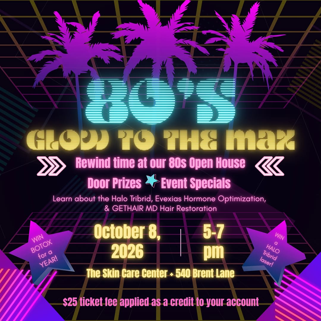 Instagram post by Dr. Peter N. Butler: Glow to the MAX with us! 💗✨ Join us for our 80s Open House on October 8 from 5–7 PM at The Skin Care Center! Come dressed in your best 80s …