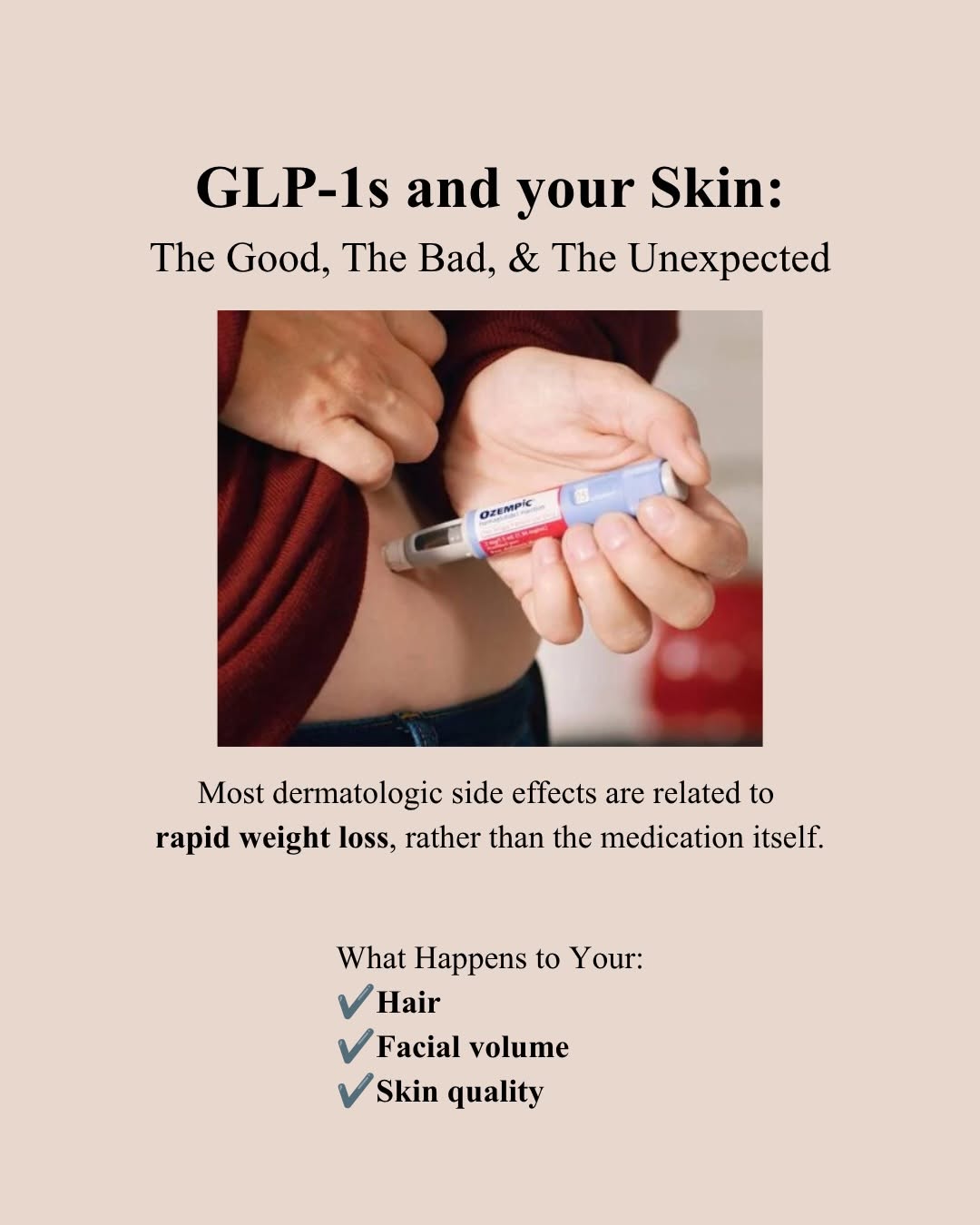 Instagram post by Dr. Peyman Ghasri: Weight loss with GLP-1 medications can lead to noticeable changes in skin and hair. Here’s what dermatologists want you to know. #weightloss…