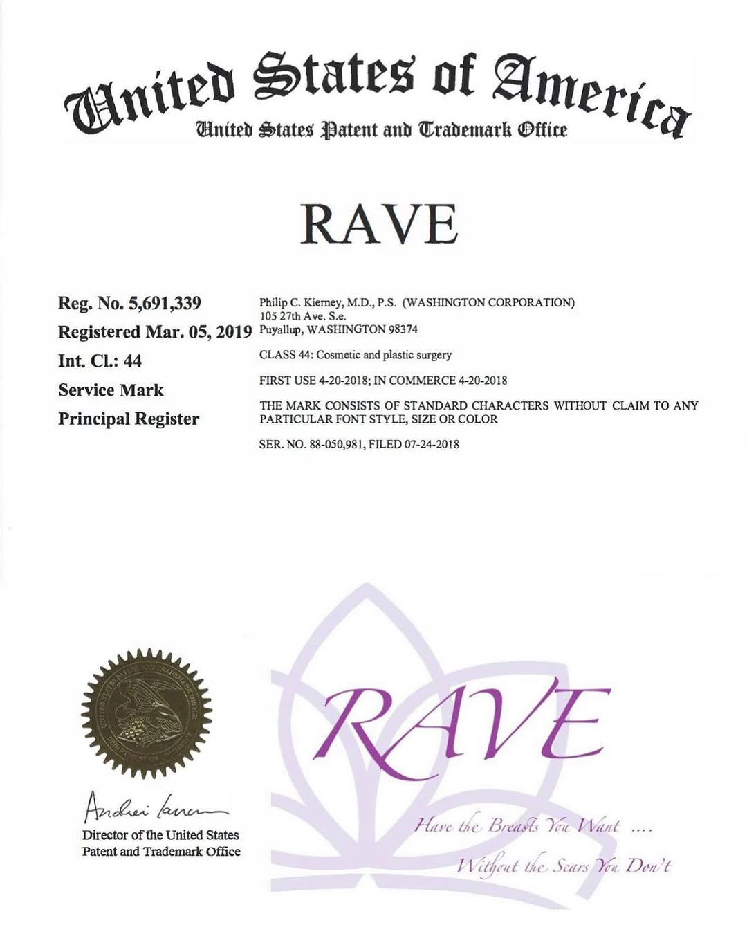 Instagram post by Dr. Philip C. Kierney: Our TRADEMARK is official! The RAVE breast augmentation! A great name for a breast augmentation that leaves you with NO scar on your breast …