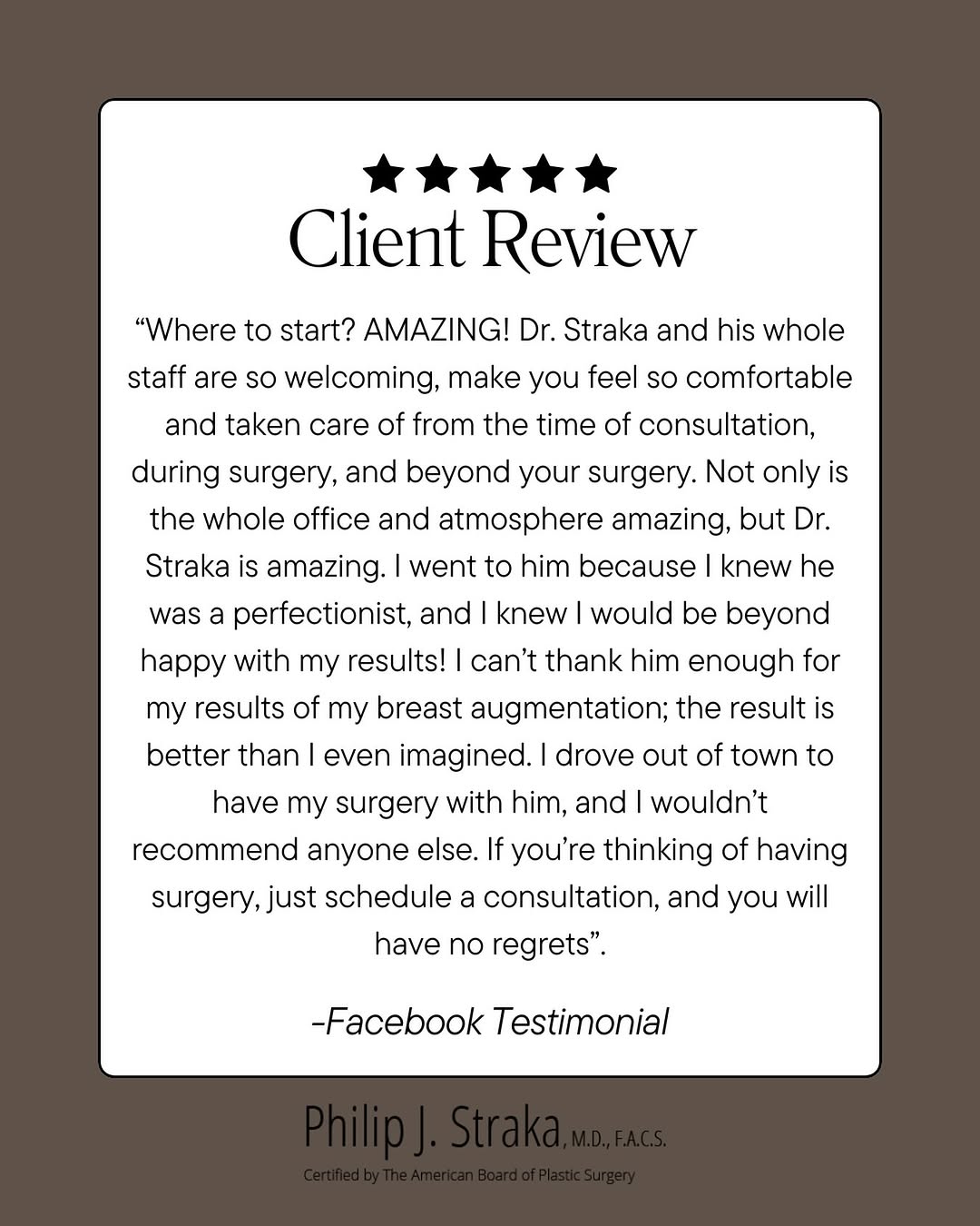 Instagram post by Dr. Philip J. Straka: There’s nothing more meaningful than hearing that a patient felt comfortable, supported, and cared for throughout their entire surgical jour…