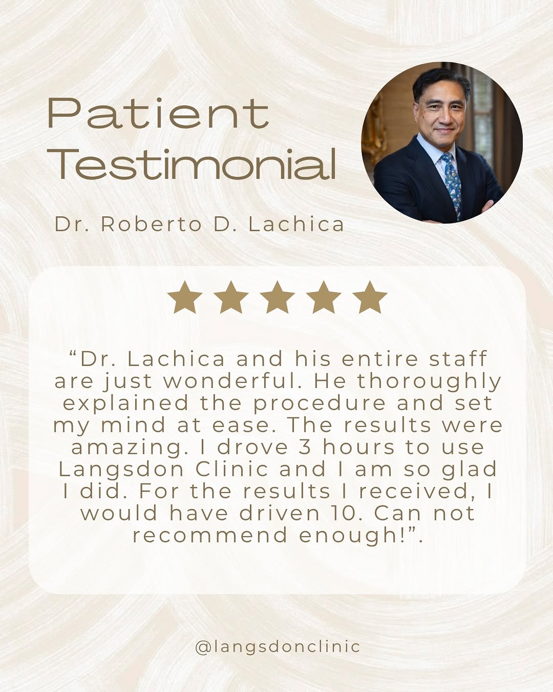 Instagram post by Dr. Phillip Langsdon: Happy Patient Testimonial Tuesday! We love our patients and wouldn’t get to do what we love without them 🎉 Your reviews are always so appre…