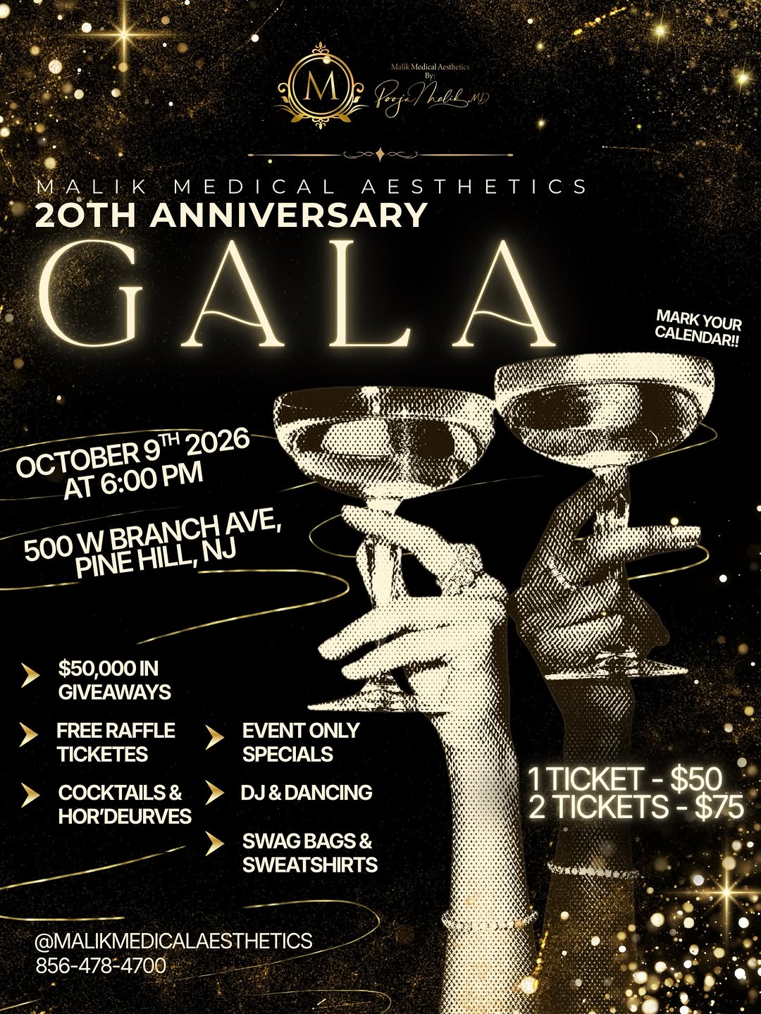 Instagram post by Dr. Pooja Malik: Twenty years don’t happen quietly. Neither will this. Our 20th Anniversary Gala is just a few weeks away. October 9th at 6:00 PM, 500 W Bran…