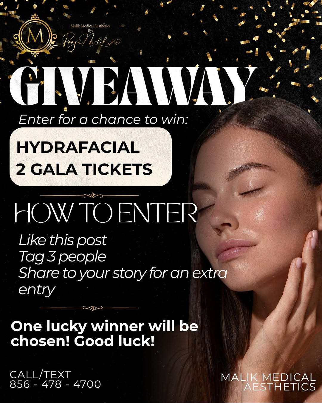Instagram post by Dr. Pooja Malik: ✨ GIVEAWAY TIME! ✨ We’re giving one lucky winner the chance to experience a Hydrafacial + TWO tickets to our 20th Anniversary Gala! 🖤✨ How …
