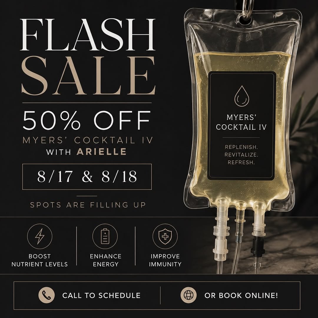 Instagram post by Dr. Pramit Malhotra: FLASH SALE 💧✨ For TWO DAYS ONLY get 50% OFF a Myer’s Cocktail IV Infusion with Arielle on 8/17 & 8/18! Give your body a little extra boost …