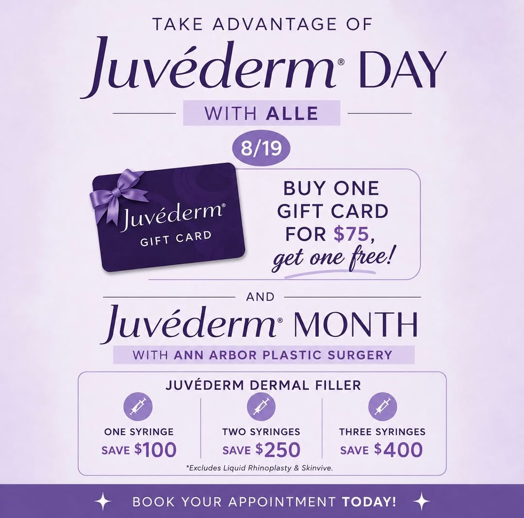 Instagram post by Dr. Pramit Malhotra: 💜 Double the savings are here! 💜 Juvéderm Day is almost here, and we’re celebrating all month long at Ann Arbor Plastic Surgery! ✨ August …