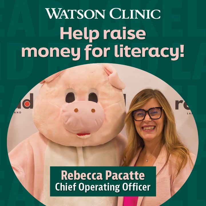 Instagram post by Dr. Pranay C. Patel: Watson Clinic is proud to serve as a sponsor of the 2026 READ Lakeland Kiss the Pig for Literacy campaign! Our very own Chief Operating Offi…