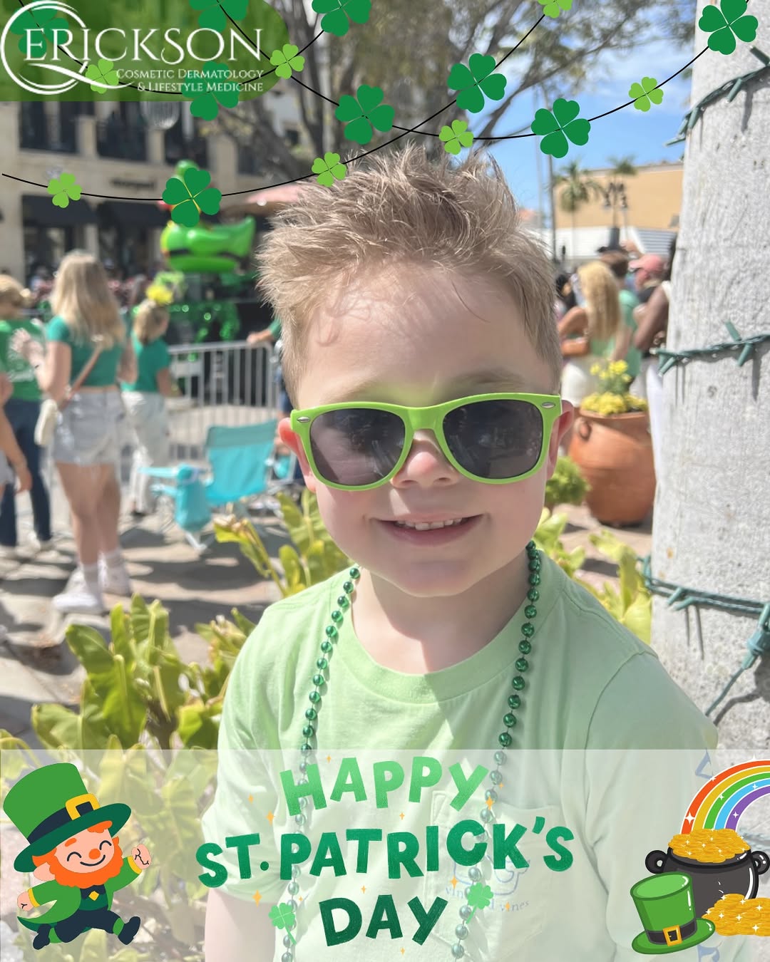 Instagram post by Dr. Quenby Erickson, DO, FAAD, FACMS: Our little leprechaun is stealing hearts and chasing rainbows this St. Paddy’s Day 🌈✨ We wish everyone a very Happy St. Patrick’s Day!☘️