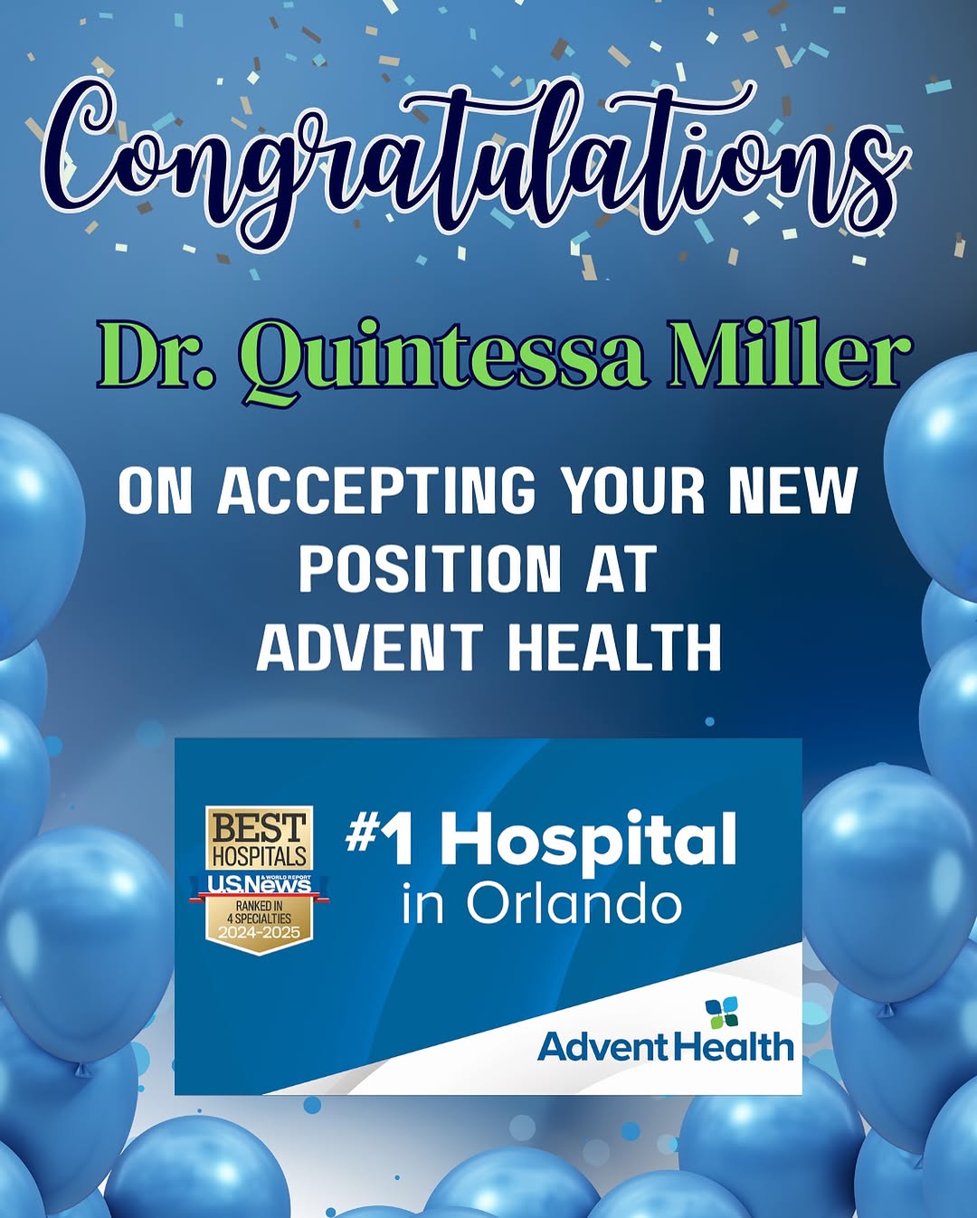 Instagram post by Dr. Quintessa Miller: We’re excited to share Dr. Miller has officially joined AdventHealth as a Board-Certified Plastic and Reconstructive Surgeon in East Orlando…
