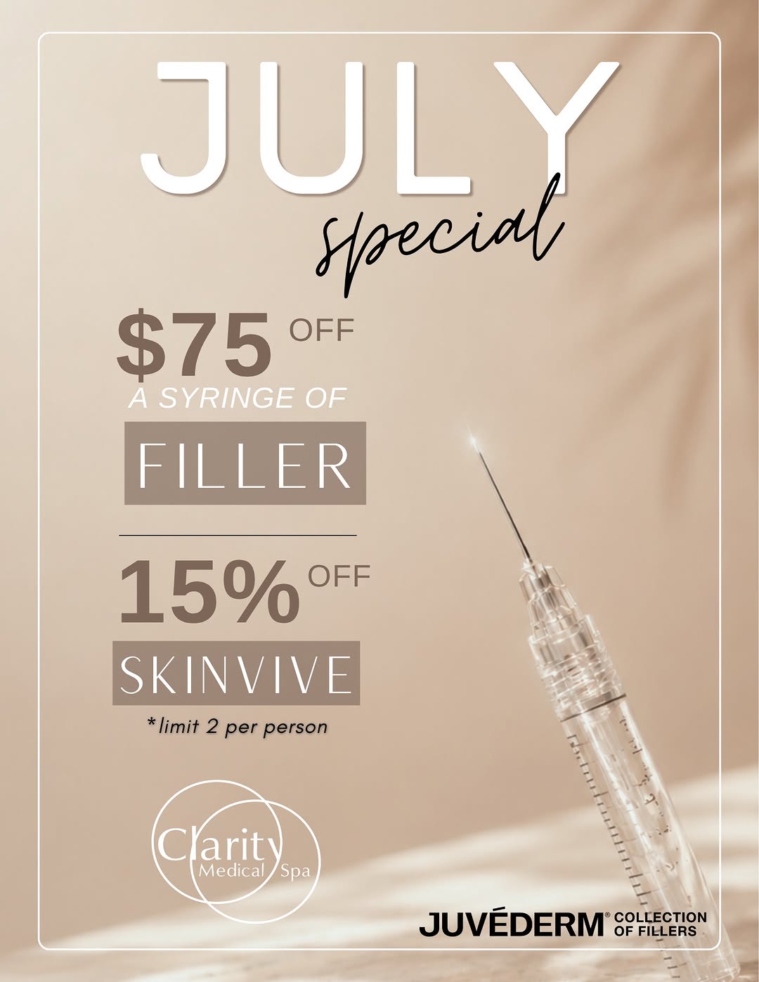 Instagram post by Dr. Rachel Dunn-Black: Summer skin starts here. ☀️ This month's specials: • 💉 $75 OFF each syringe of Juvéderm filler • 💧 15% OFF each syringe of Skinvive® What'…