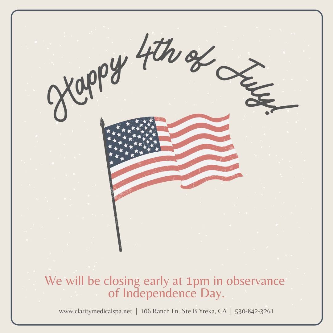 Instagram post by Dr. Rachel Dunn-Black: ❤️🤍💙 Wishing you a safe, fun, and happy 4th of July! Please note that Clarity Medical Spa will be closing early at 1:00 PM in observance o…