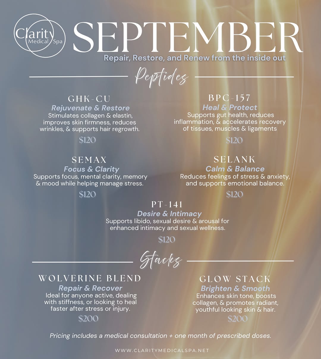 Instagram post by Dr. Rachel Dunn-Black: September is all about repair, restore & renew — from the inside out. ✨ Our peptide lineup is here with options designed to support everythi…